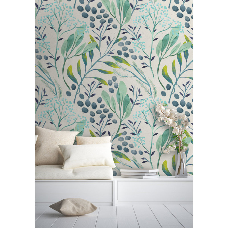 Papier peint amovible floral avec branches et feuilles vertes, L 75 po x l 112 po