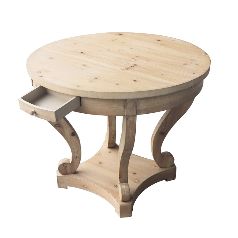 Table d'appoint ronde, style, petite taille, pieds courbés, aspect vieilli, bois naturel, 2 tiroirs de rangement, finition repas de style construction et placage de bois de sapin