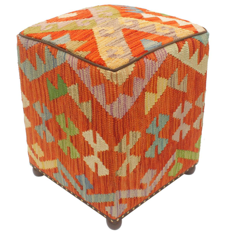 Aprea Upholstered Ottoman, Rust/Blue/Gold/Beige Wool
