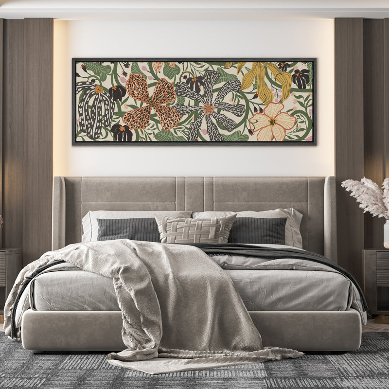 Abstrait art floral botanique vert Mid Century Modern, H 20 po x l 60 po, Noir, noir, noir, noir