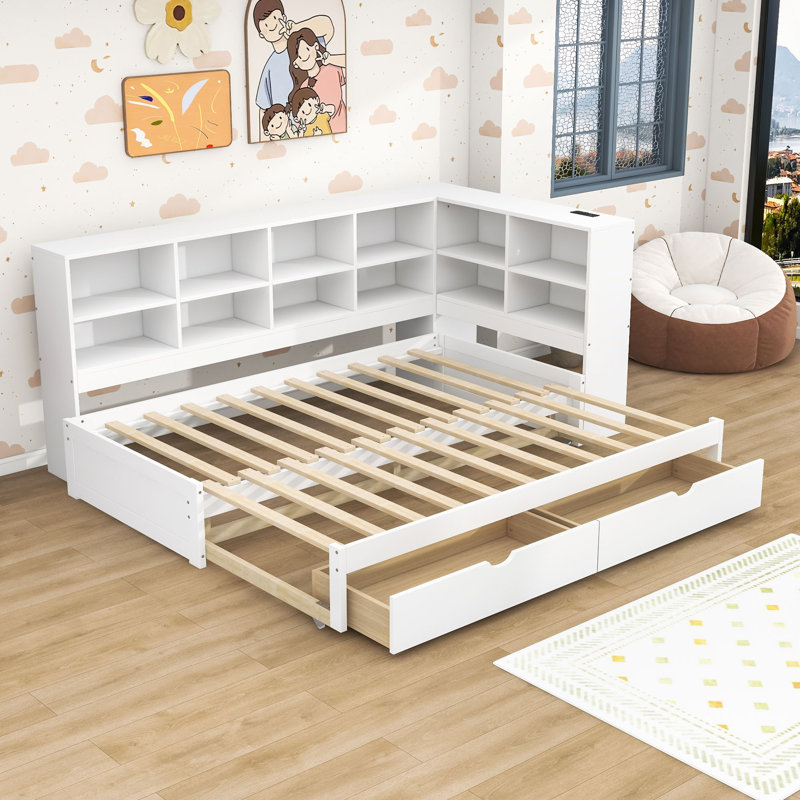 Twin XL to King Size Daybed with Storage, LED Lights, and Built-in Charging Station, White