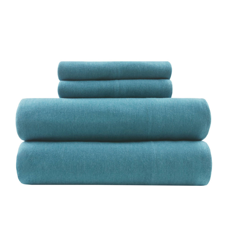  Ensemble de draps en tricot de coton toutes saisons, Ensemble de draps pour lit simple TG avec 1 taie d, Bleu sarcelle