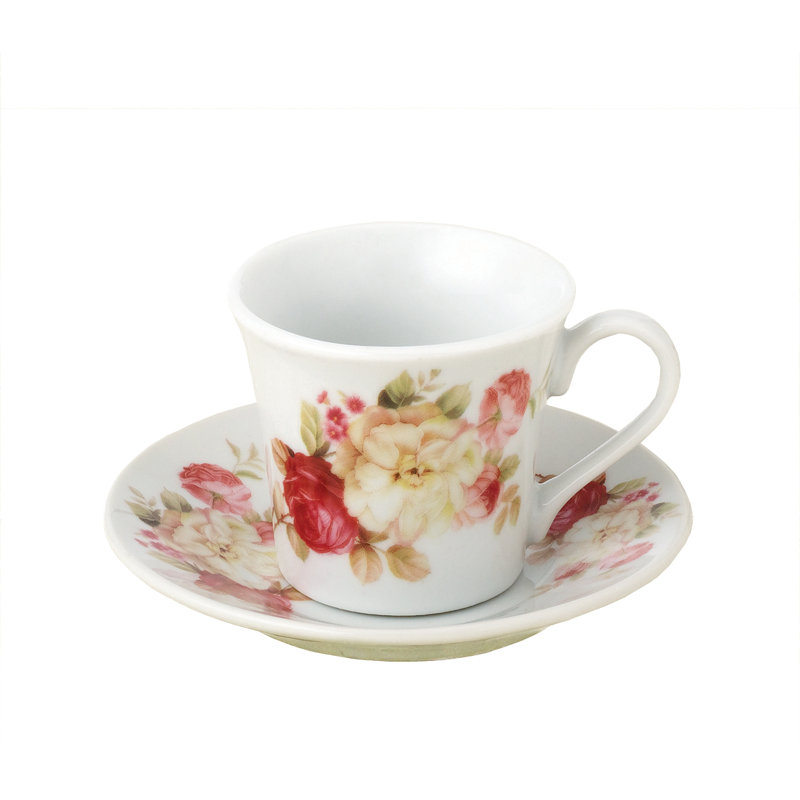 Handmade Porcelain China Porcelain Espresso Cup Teacup and Saucer, Red/Ivory Flower
