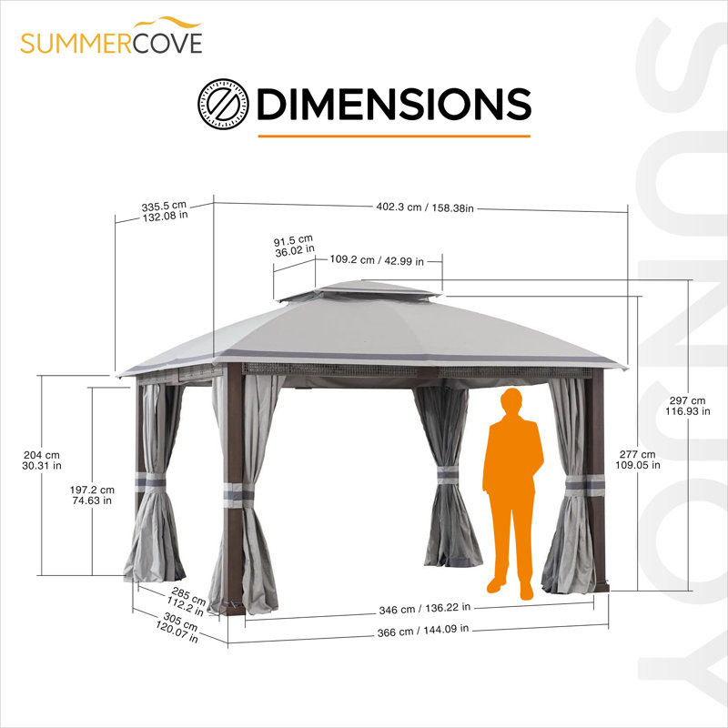 Sunjoy Outdoor Patio Steel Frame 11 x 13 ft. 2-Tier Soft Top Gazebo with Light Gray Canopy Roof, Netting and Curtains, Gray