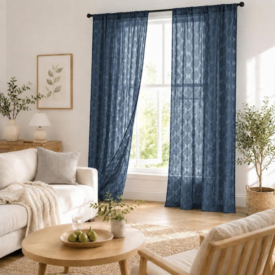 Navy Blue Semi Sheer Curtains 90 Inches Long 2 Panels for Living Room, Leaf Jacquard Clip Textured Light Filtering Sheer Voile Drapes, Farmhouse Rod Pocket Curtain Panels, 52"W x 90"L