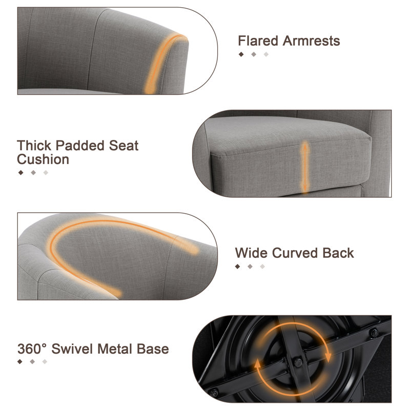Fauteuil demi-tonneau pivotant rembourré Aunna, Mélange de lin couleur café