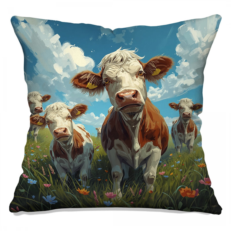 Coussins Cows In Flower Field, 16 x 16 pouces