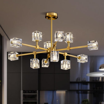 Modern Sputnik Chandelier With 12 Lights, Adjustable Height Semi-Flush Mount Crystal Ceiling Light Fixture For Dining Room Kitchen Island Bedroom Entryway