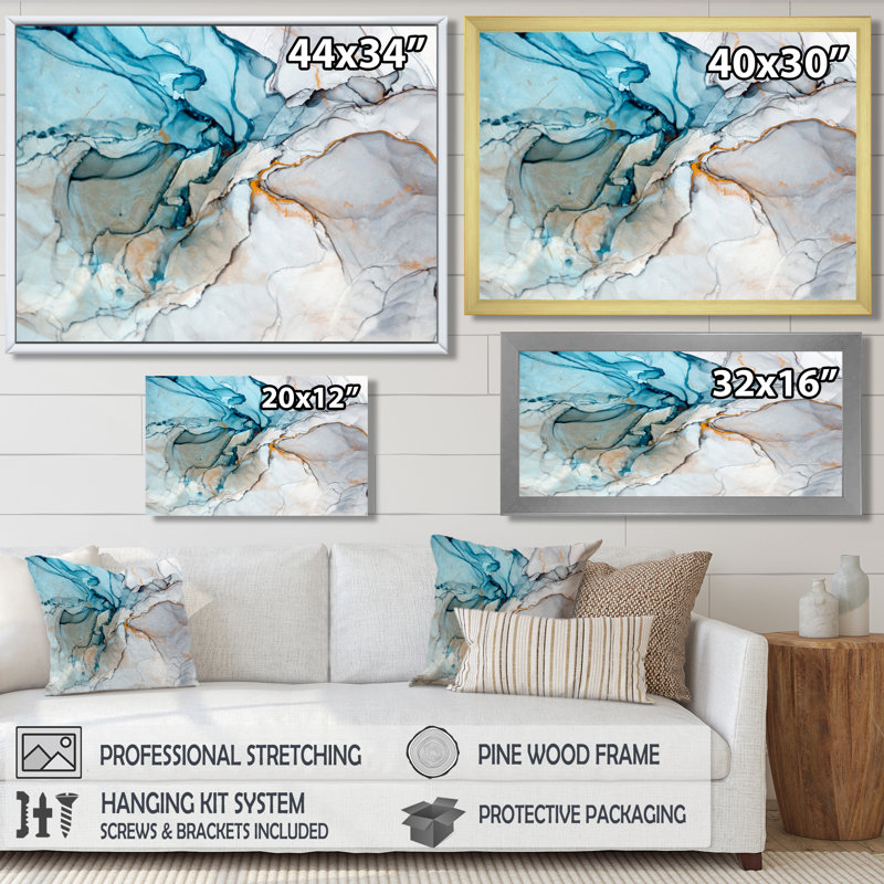 Luxry Blue and Grey Marble Art Ripples - impression sur toile, H 30 po x l 40 po, Toile tendue, Sans cadre