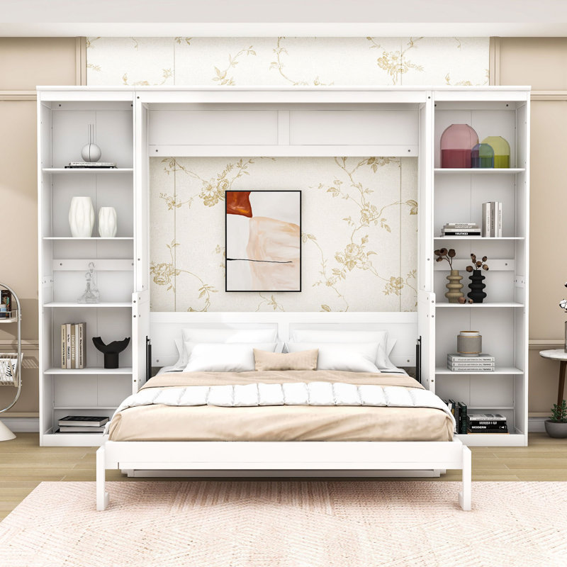 Lit escamotable avec bureau intégré et tablettes pour espaces de vie compacts, Grand lit, Blanc