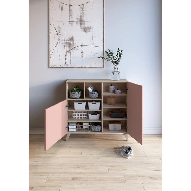 12 Pair Shoe Storage Cabinet, Light Oak/Pink