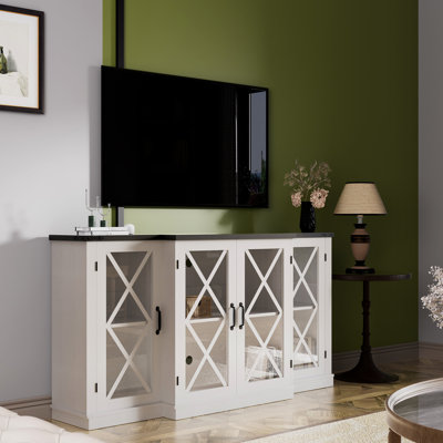 Meuble télé 63 po, meuble télé avec beaucoup de rangement, tablettes réglables, convient aux téléviseurs de 32 à 73 po, blanc, panneau de particules +, support de qualité pour porte de grange, console média