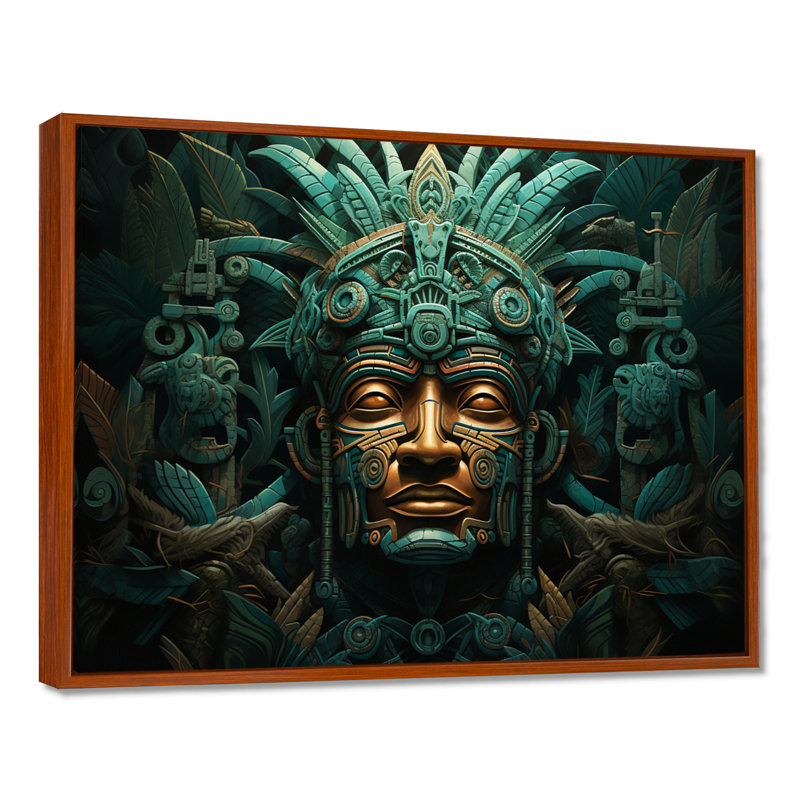 Maya Magic Aztec Mask I - Art mural mexicain, H 16 po x l 32 po x P 1 po, Cadre flottant brun