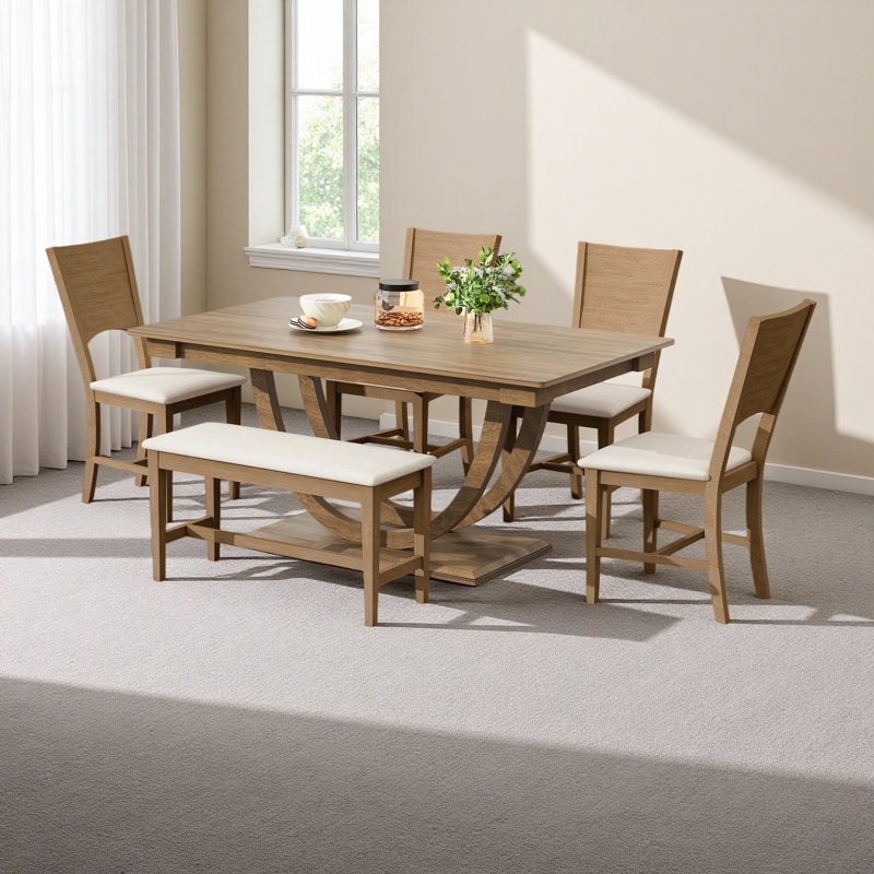 Ensemble de 6 tables de salle à manger en bois 6 pièces avec banc long et 4 chaises, Brun, Brun