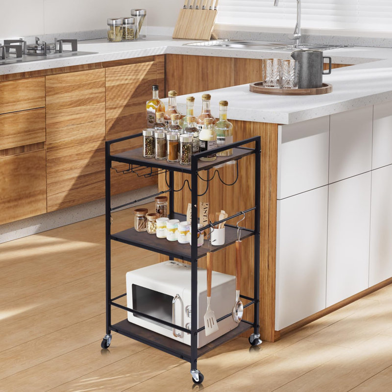 3-Tier Kitchen Microwave Stand With Wheels, 6 Hooks, And Rustic Metal Frame For Compact Spaces, Multi-Purpose Storage Cart