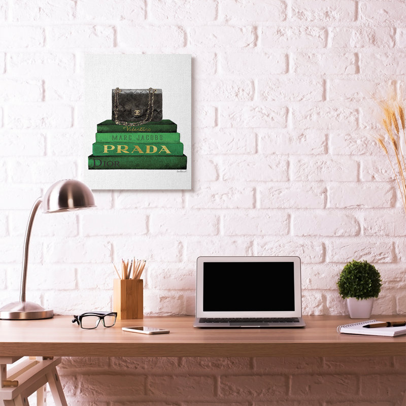 «Fashion Designer Purse Bookstack Green Black», impression, Toile tendue, H 30 po x l 24 po