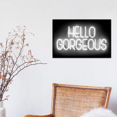 Neon Hello Gorgeous White On Black by Hailey Carr - Wrapped Canvas Print