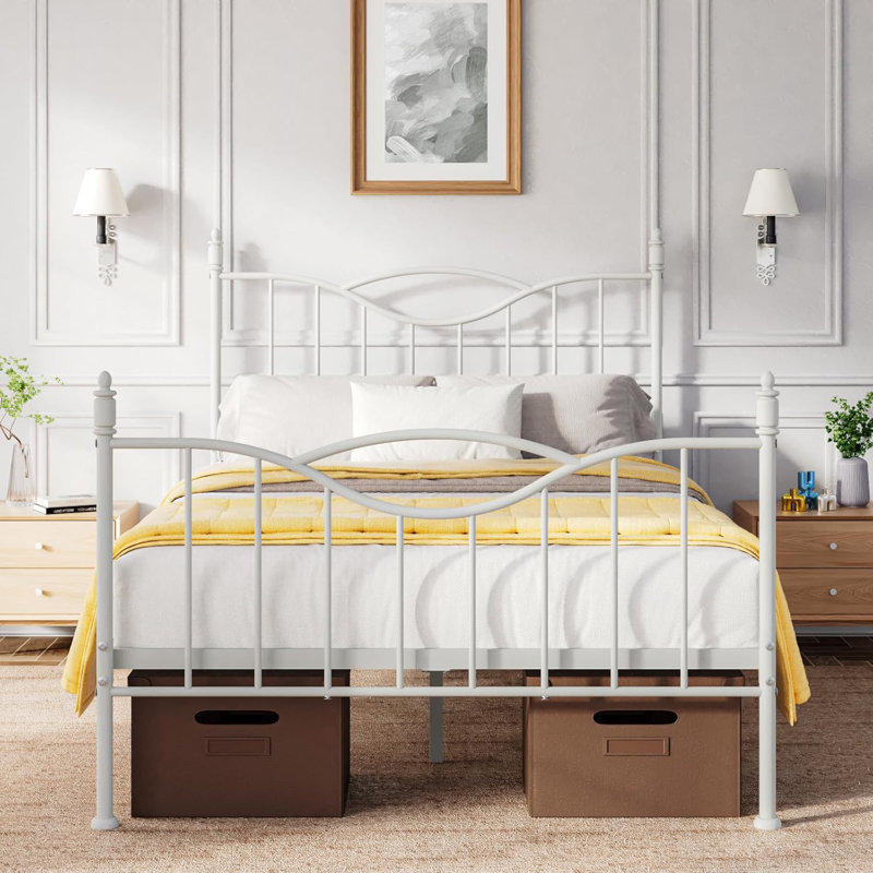 Bed Frame With Headboard,metal Platform Bed Frame Mattress Foundation With Footboard, White, Full
