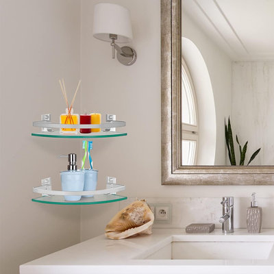 2-Pack 9.5" X 9.5" Corner Shelf With Rail & Brackets, Wall-Mounted Floating Shower Caddy Organizer For Bathroom, Kitchen, Living Room