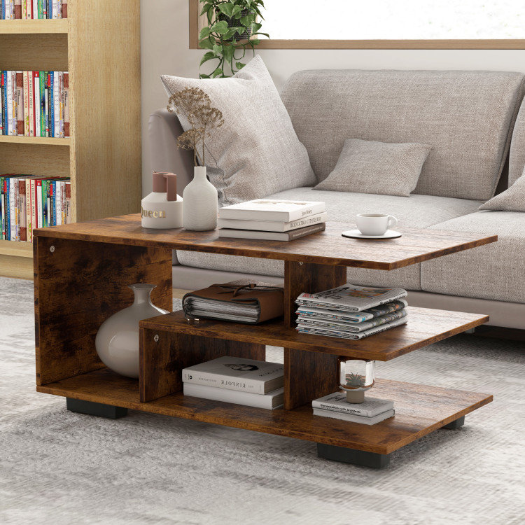 Rectangular Coffee Table with L-shaped Middle Shelf, Brown