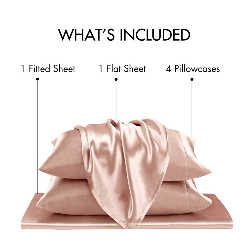 Ensemble de draps de luxe Satin infroissable, Ensemble de draps pour grand lit et quatre taies d, Rosé