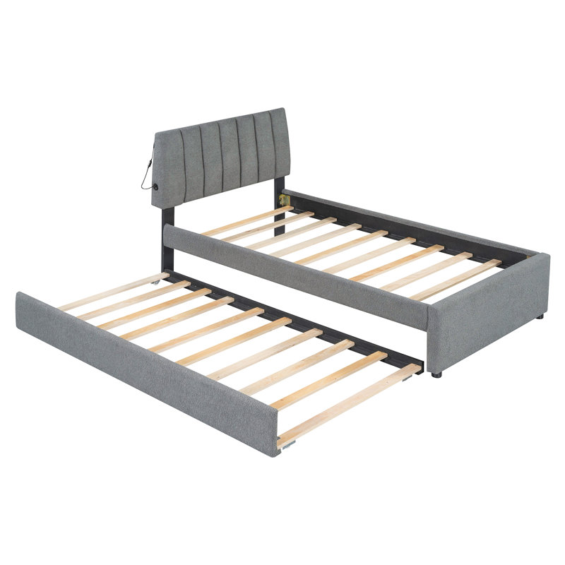 Lit plateforme tapissier simple avec lit gigogne Teddy, Gris