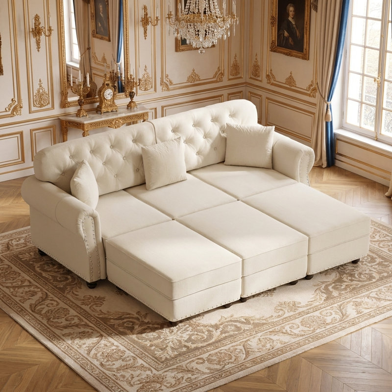 Canapé Chesterfield 82,6 po Mid-Century moderne avec capitonnage à boutons, garniture cloutée, accoudoirs roulés, coussins