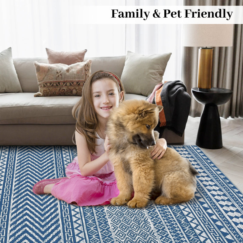 Area Rug 8x10 for Kids Room Machine Washable Non-Slip Indoor Carpet Modern Abstract Line Contemporary Bedroom Accent Carpet Low Pile No-Shedding Stain-Resistant Boho Area Rug for Living Room Blue
