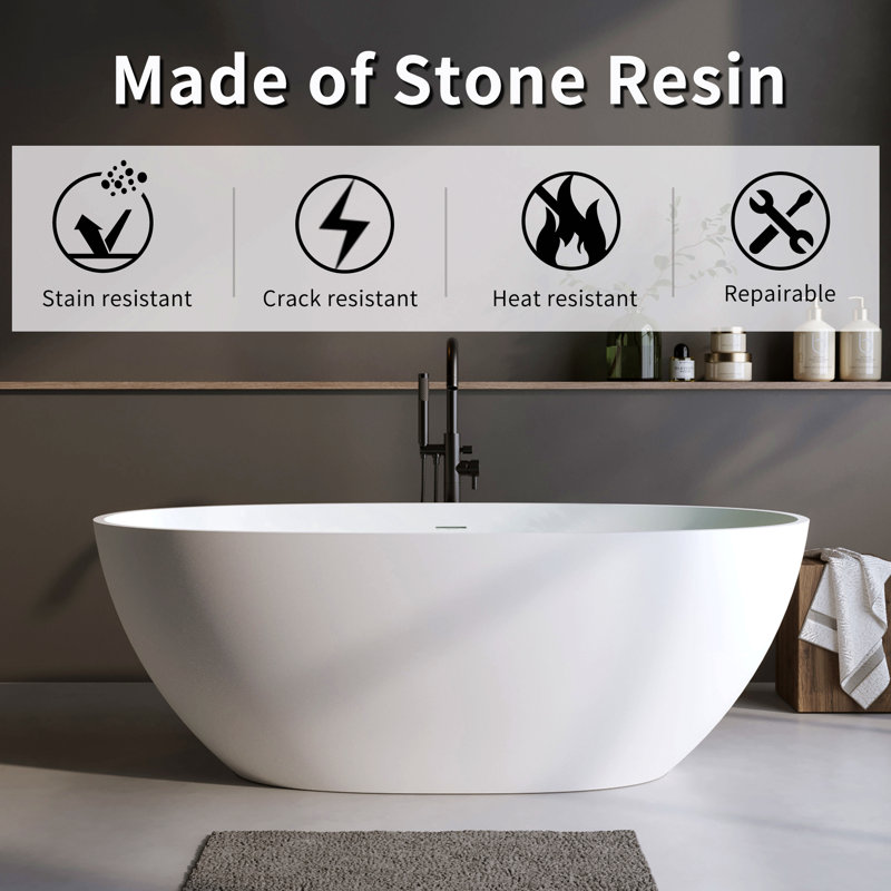 70.8″Solid Surface Matte Tub, Solid Surface Soaking Tub, Stone Resin Freestanding Bathtub, Thick Edge Stand Alone Tubs With Overflow, Pop-Up Drain, Matte White (Oval)