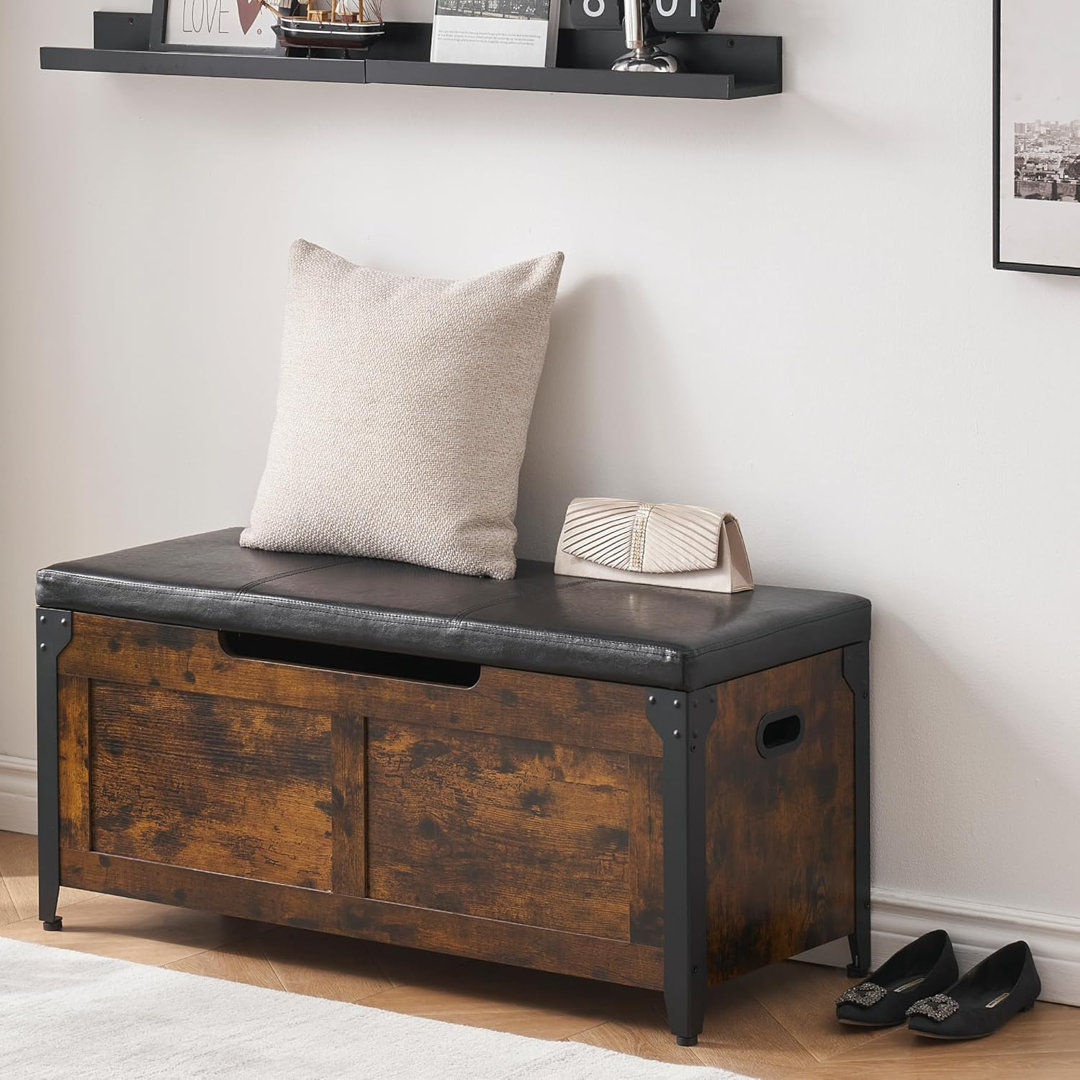 100cm Rustic Brown Wooden Storage Bench, 300 lb Load, 2 Safety Hinges, Storage Ottoman for Bedroom Entryway Living Room