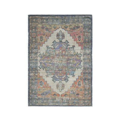 8' X 10' Blue Brick Red And Brown Medallion Hand Woven Distressed Area Rug