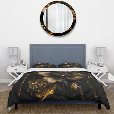 Black And Gold Daffodil Design II - Floral Duvet Cover Set - Microfiber Polyester