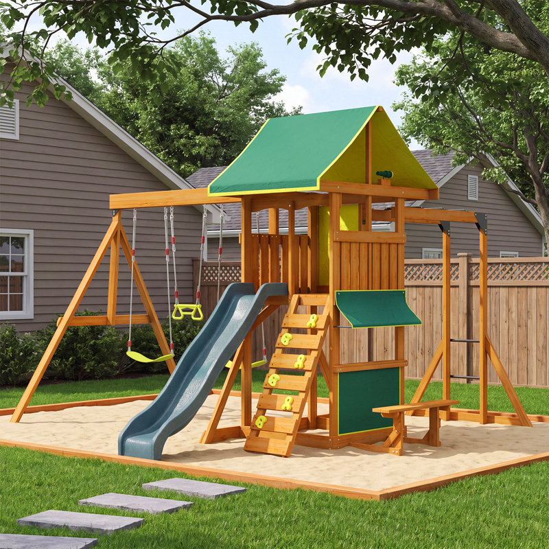 Outdoor Wooden Play Swing Set for Kids Backyard with Slide, Canopy Fort & Monkey Bars