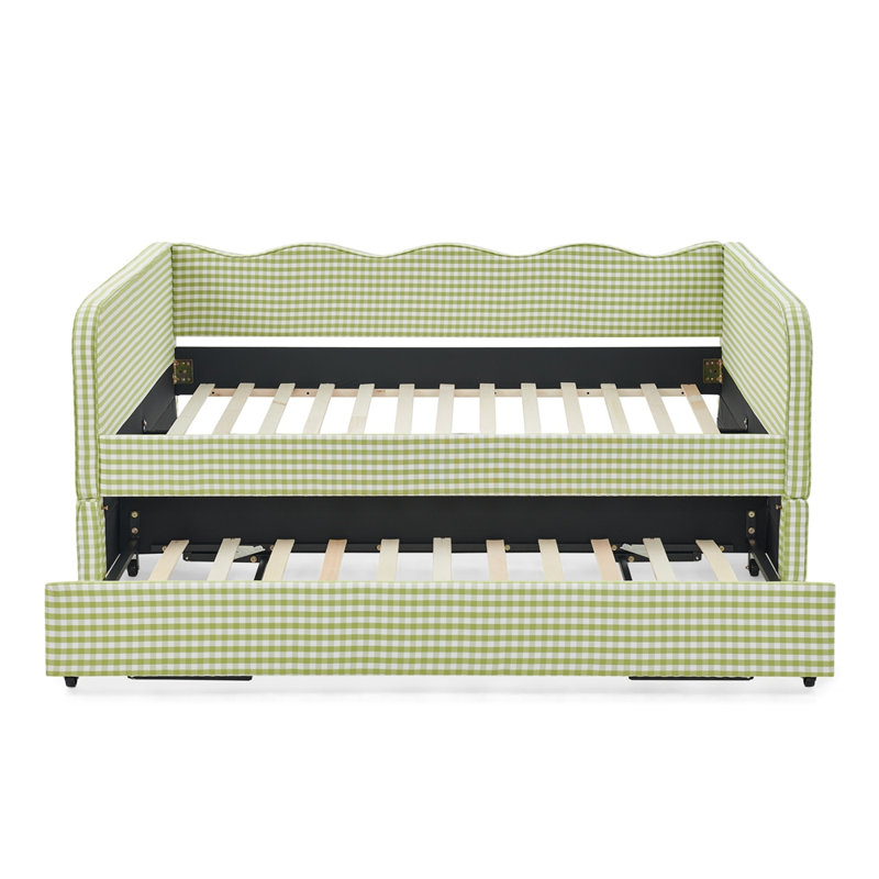 Lit de jour rembourré convertible 3-en-1 en vichy avec lit gigogne escamotable et poche de rangement latérale, Full / Double