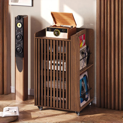 Slatted Door Media Cabinet with Open Record Rack, Adjustable Shelf & Lockable Wheels – Remote Control Signal Pass-Through, Cable Management Holes for Living Room, Home Theatre, Vinyl Storage – 35.1"H x 23.5"W x 19.7"D, Walnut