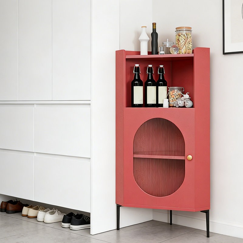 Armoire de coin moderne minimaliste rouge de 50,39 po, unité de rangement triangulaire, support à vin autoportant et tablette de présentation pour le salon