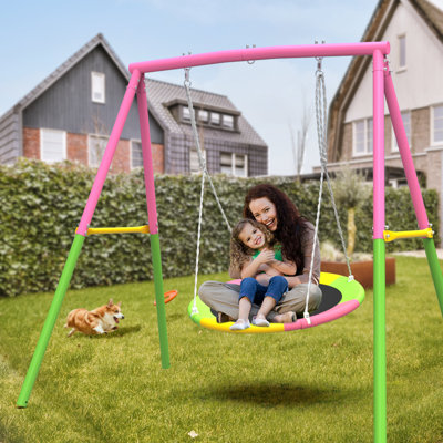 Mersco Outdoor Swing Set for outside with Stand, Swing set for kids Heavy Duty 440lbs Metal Outdoor Swing Stand, Contain 1 Saucer 32" & 1 Belt Seat 26.2" for Playground, Backyard Playset，Pink
