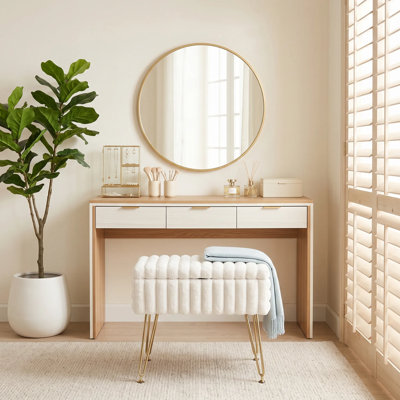17.3" Faux Fur Vanity Stool with Storage, Metal Legs Dressing Bench for Bedroom