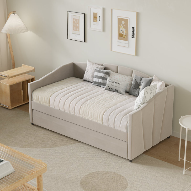 Velvet Elegance Twin Solid Wood Daybed with Space-Saving Trundle Bed, Sofa/ Guest Bed, Beige