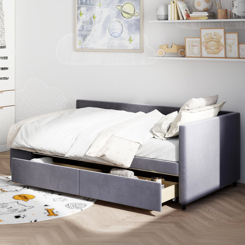 Grey Twin Size Storage Platform Bed With Upholstered Headboard. Velvet Fabric, . Large Drawers For Bedding Storage. Side Personal Items. Design