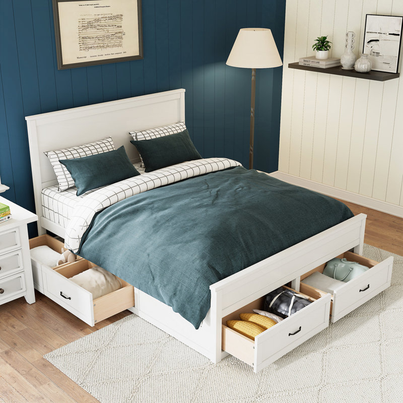 Lit plateforme moderne avec 6 tiroirs, Blanc