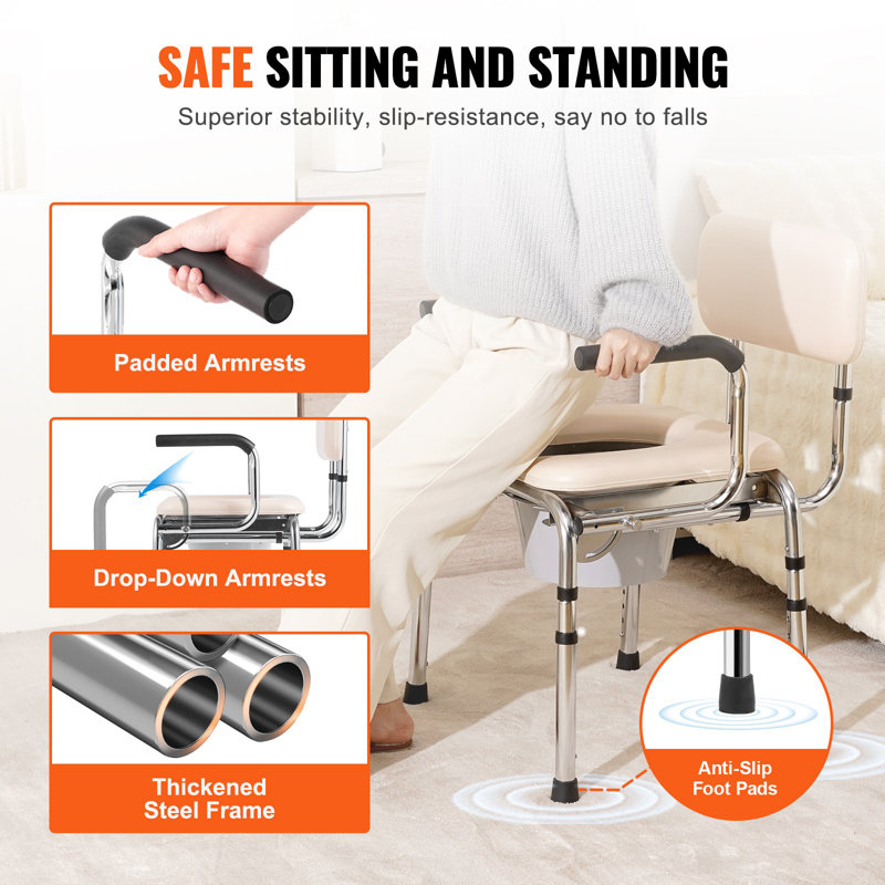 Chaise de commode, commode de chevet avec siège rembourré, accoudoirs rabattables, hauteur réglable à 7 niveaux, seau amovible de 5,8 L, facile à assembler, capacité de 350 lb, toilette portative pour adultes âgés
