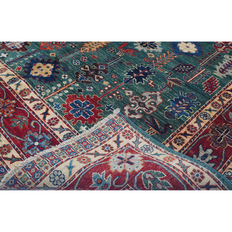 Tapis vert et rouge noué à la main de haute qualité