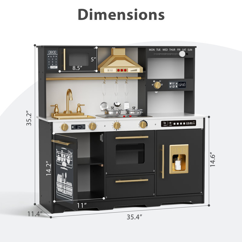 Cuisine en bois pour enfants avec machine à glaçons, cafetière et accessoires, Noir