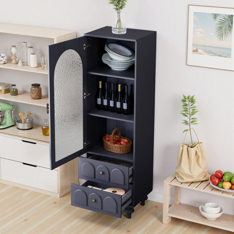Tall Storage Cabinet with Tempered Glass Door, Two Drawers, and Adjustable Shelf for Versatile Home Organization, Dark Blue