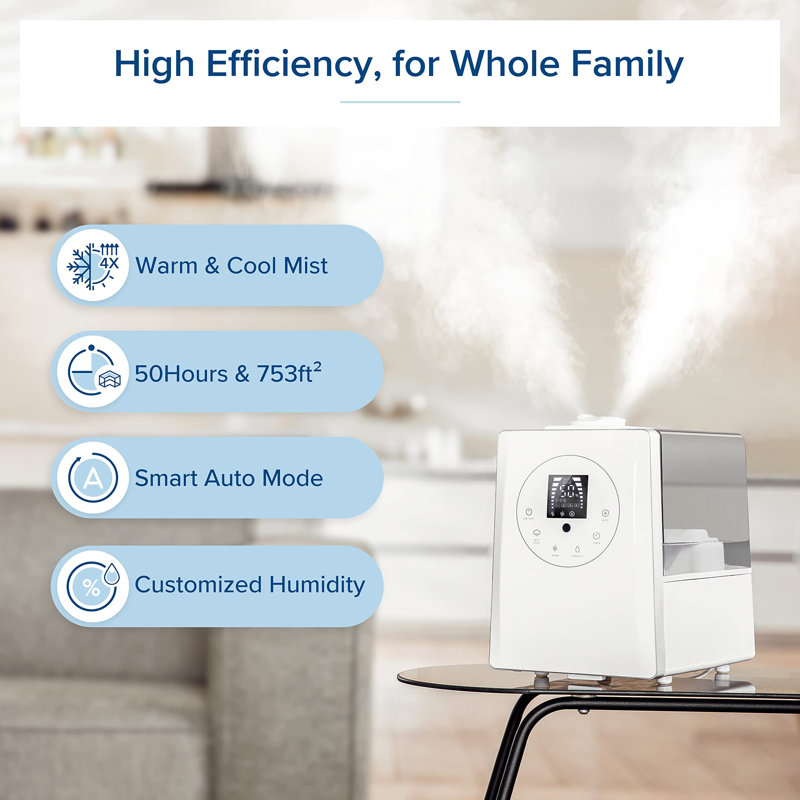 White Ultrasonic Humidifier with Warm and Cool Mist, 6L Capacity