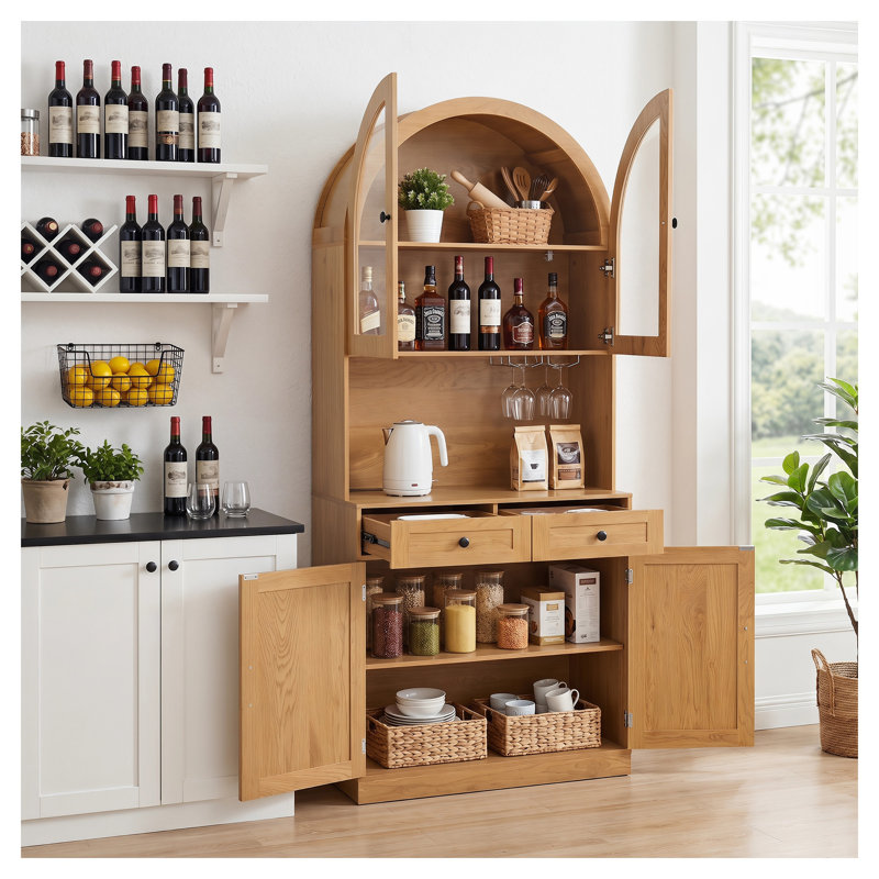 Armoire de rangement haute de style ferme, de forme cintrée, de 75 pouces, avec station de recharge, étagères réglables et comptoir-bar ouvert, fini chêne.
