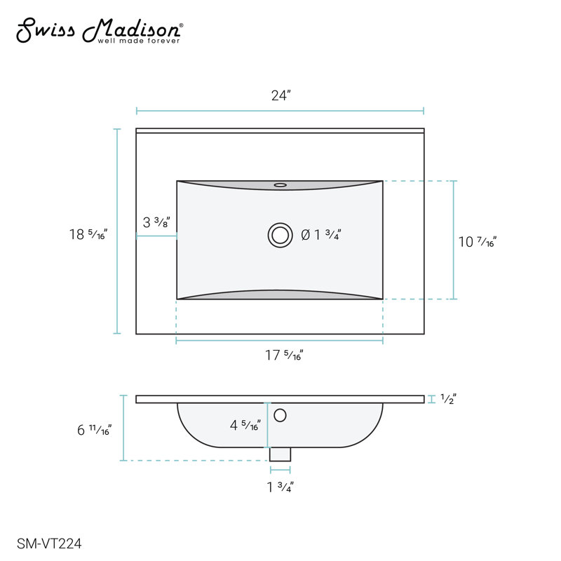 24" White Ceramic Vanity Top Sink Without Faucet Hole
