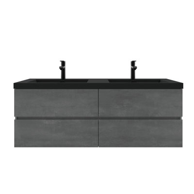 Meuble-lavabo mural double 60 po avec plateau en pierre noir mat et plateau en céramique 60 po, 4 tiroirs Modern