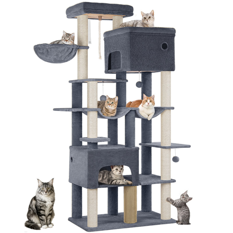 Arbre à chat, arbre à chat 78,7 po XXL avec 10 poteaux à griffer, 2 grottes, 2 hamacs, grande plateforme, brosses à chat, panier, arbre à chat robuste pour Maine Coons, grands chats, gris foncé